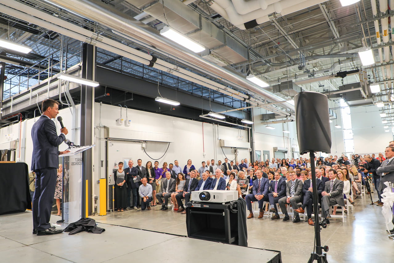 Exact Sciences chairman and CEO Kevin Conroy addresses a full house at the Nexus One Laboratory and Warehouse grand opening event on June 26, 2019.