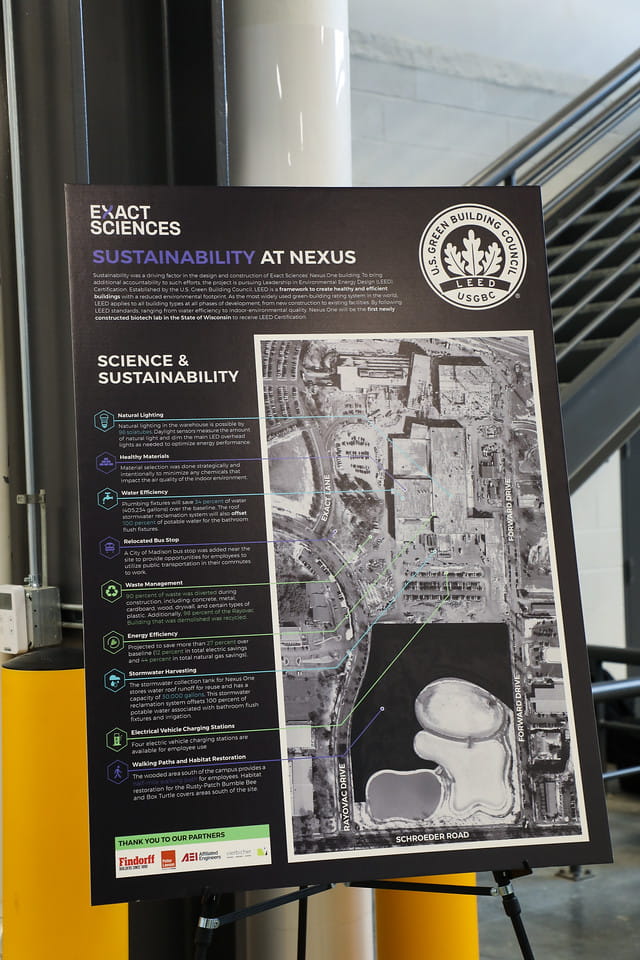 A poster details the many sustainable design elements contained within the Nexus One Laboratory and Warehouse space.