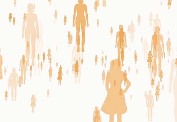 Orange colored silhouettes of women in a crowd